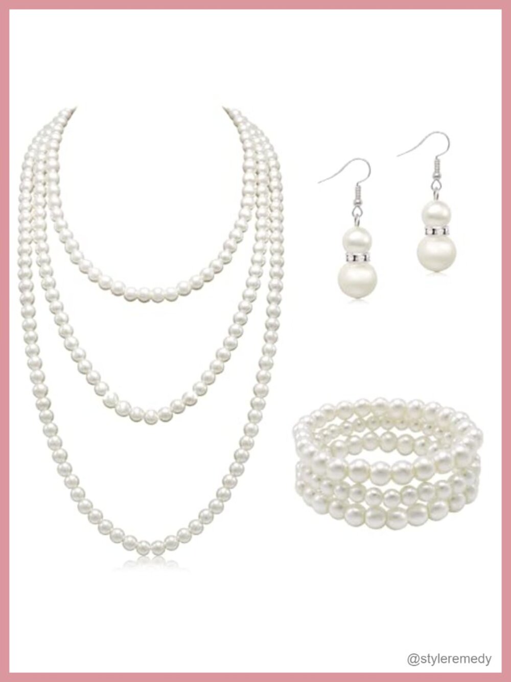 Long Faux Pearl Necklace Set with Bracelet and Earrings